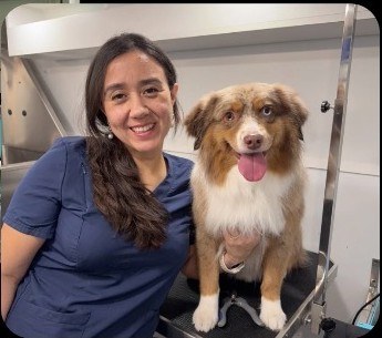 My Sweet Pawtner's founder with a client Australian Shepherd